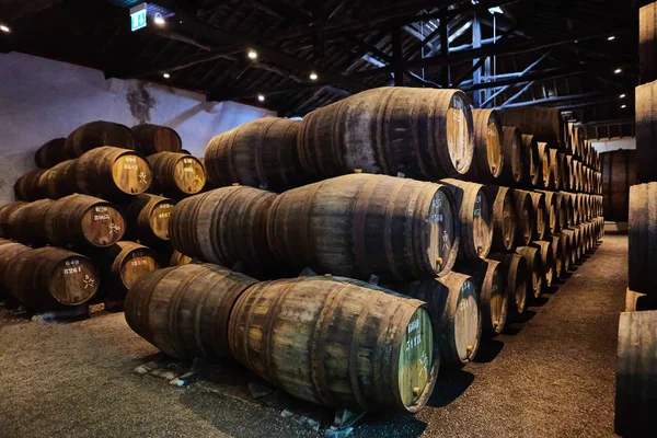 Velhos barris de madeira tradicionais com vinho num cofre alinhado numa cave fresca e escura na Itália, Porto, Portugal, França — Fotografia de Stock