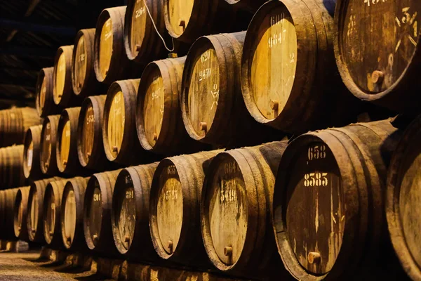 Viejos barriles de madera tradicionales envejecidos con vino en una bóveda alineada en una bodega fresca y oscura en Italia, Oporto, Portugal, Francia — Foto de Stock