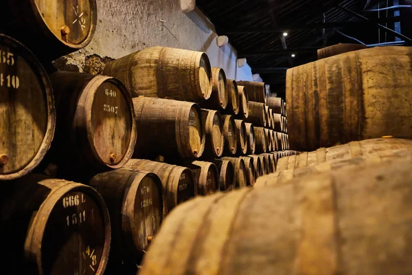 Viejos barriles de madera tradicionales envejecidos con vino en una bóveda alineada en una bodega fresca y oscura en Italia, Oporto, Portugal, Francia — Foto de Stock