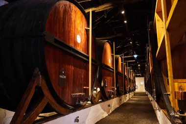 İtalya, Porto, Portekiz ve Fransa 'da serin ve karanlık mahzenlere dizilmiş şarap dolu eski geleneksel ahşap fıçılar.