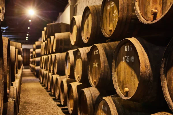 Viejos barriles de madera tradicionales envejecidos con vino en una bóveda alineada en una bodega fresca y oscura en Italia, Oporto, Portugal, Francia — Foto de Stock