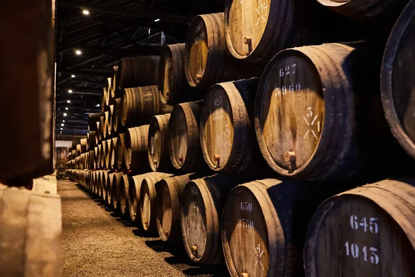 Viejos barriles de madera tradicionales envejecidos con vino en una bóveda alineada en una bodega fresca y oscura en Italia, Oporto, Portugal, Francia — Foto de Stock