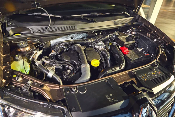 Vinnitsa, Ukraine - April 02, 2019. Renault Logan MCV - new model car presentation in showroom - under the hood — Stock Photo, Image