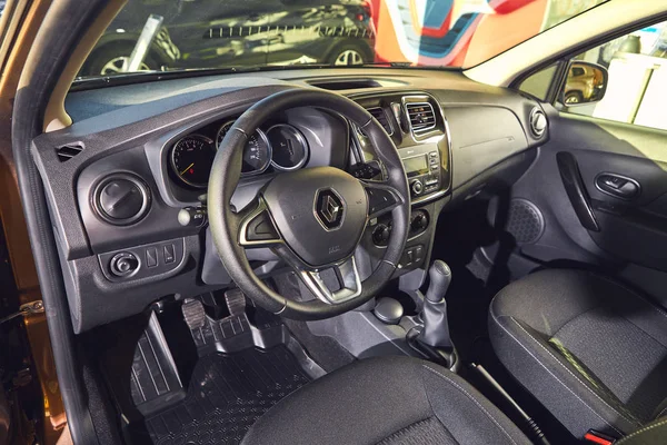 Vinnitsa, Ukraine - April 02, 2019. Renault Logan MCV - new model car presentation in showroom - steering wheel and dashboard view — Stock Photo, Image