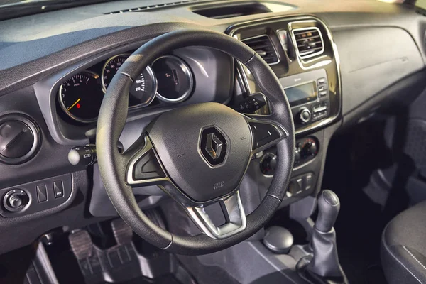 Vinnitsa, Ukraine - April 02, 2019. Renault Logan MCV - new model car presentation in showroom - steering wheel and dashboard view — Stock Photo, Image