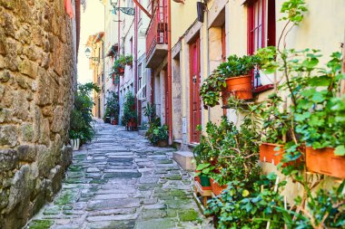Ribeira eski kasaba eğimli, Porto Portekiz, dar, ortaçağ sokak ve geleneksel evleri, tarihi kent merkezine