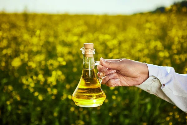 Botella de aceite de colza en la mano de un agrónomo o biólogo en el campo de violación de fondo — Foto de Stock