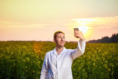Agronomist adam veya çiftçi kanola alanının kalitesini incelemek ve cep telefonu ile fotoğraf çekmek
