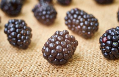 Rustik masada taze olgun böğürtlen Closeup çekim