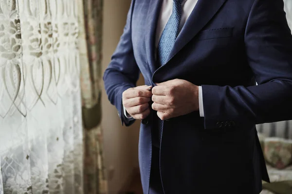 Businessman Wears Jacket Male Hands Closeup Groom Getting Ready Morning — Stock Photo, Image