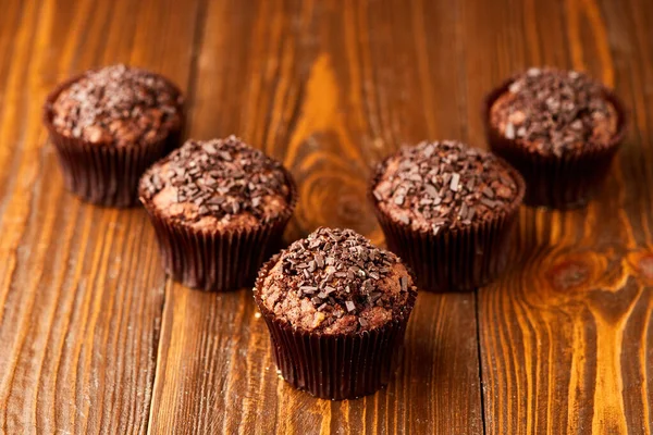 Muffin Chocolate Postre Fresco Tradicional Sobre Fondo Madera —  Fotos de Stock