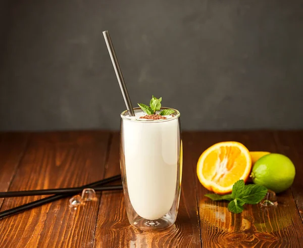 Delicious Milkshake Decorated Cinnamon Mint Wooden Background — Stock Photo, Image