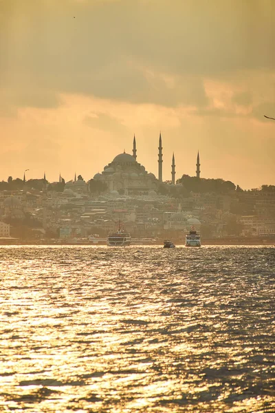 Coucher Soleil Sur Istanbul Avec Vue Sur Mosquée Suleymaniye Ligne — Photo