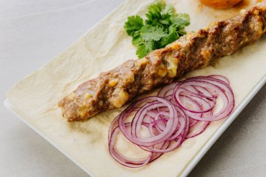 Izgara kuzu kebabı soğan, otlar ve lahanalı ekmek üzerine baharatlı sos. Yüksek kalite fotoğraf