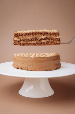 Katmanlı çikolatalı pasta. Pastanedeki bütün pastanın üstüne spatula sürülmüş. Yüksek kalite fotoğraf