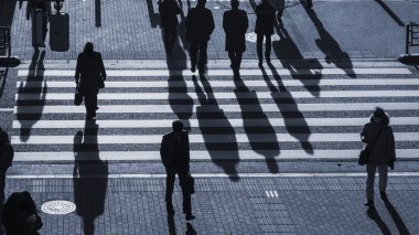 insanlar (üst hava görünümünü yolda karanlık gölge ile akşam günbatımında iş şehir Kavşağı Caddesi yaya yaya geçidi siluet insanları yürü)