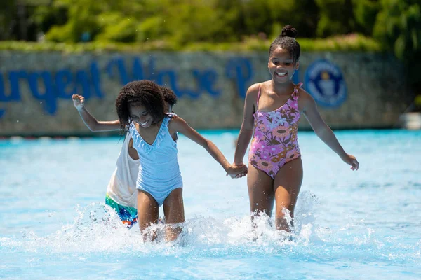 African Kid Girls Boy Running Swimming Water Pool Amusement Park — Stock Photo, Image