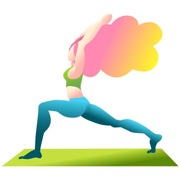 Meisje staande in Hero yoga positie, Virabhadrasana, vrouw beoefenen van yoga. Plat karakter ontwerp. Indigo modekleuren. Vector illustratie — Stockvector