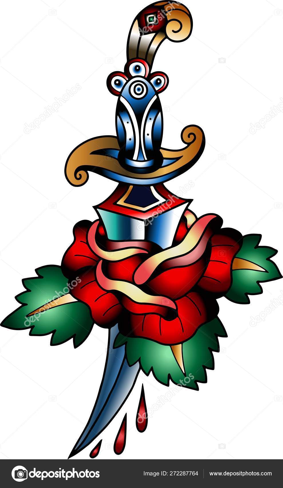 장미 꽃과 단 검 칼 전통 문신입니다. 벡터 일러스트 절연입니다. 화려한 문신 조각 사용에 대 한 스타일에. 스톡 벡터 -  ©shik-shik 272287764, image size:989x1700