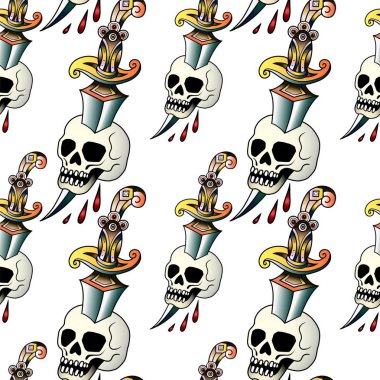 Eski okul Retro Vintage Doodle dövme Dikişsiz desen. Rose, kafatası. Knife. sürekli açık iş Amblemler sembolleri. Vektör çizgi sanat oldschool dövme illüstrasyon. Baskı sarma kağıdı için en iyi