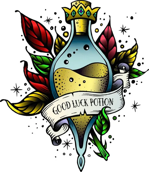 Witch and magic flask potion with crown,branches with leaves, decorative tape for your inscription.Vector illustration.Line art potion of good luck. — Stock Vector