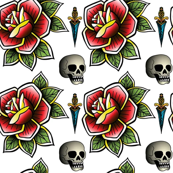 Old school retro vintage doodle tattoo seamless pattern.Rose, skull. knife.continuous openwork emblems symbols.Vector line art oldschool tattoo illustration. Best for printing wrapping paper — Stock Vector