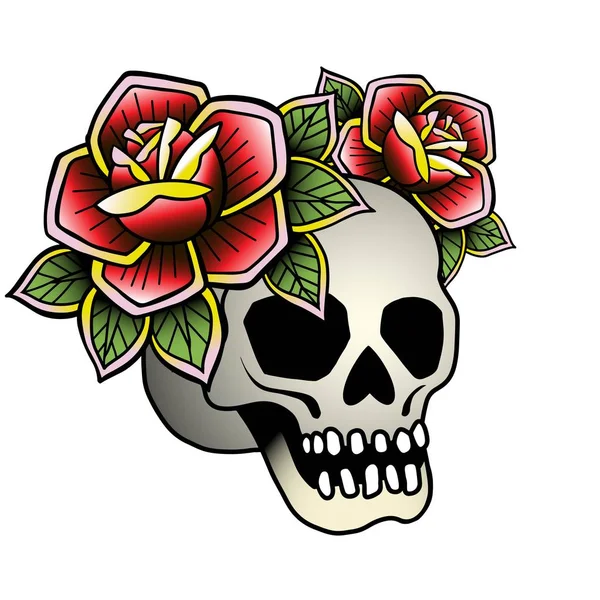 Tattoo skull with red rose. Vector illustration Old school tattoo line art. Suitable for printing transfer tattoos and stickers back to school — Stock Vector
