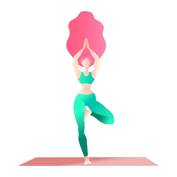 Woman long hair practice yoga tree pose. Sporty girl with long hair isolated on white yoga exercise pose. Flat character design. Indigo fashion colors. Vector illustration — 스톡 벡터