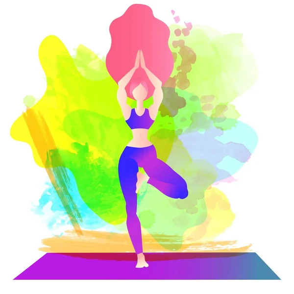 Woman long hair practice yoga tree pose. Sporty girl with long hair isolated on white yoga exercise pose. Flat character design. Indigo fashion colors. Vector illustration — 스톡 벡터