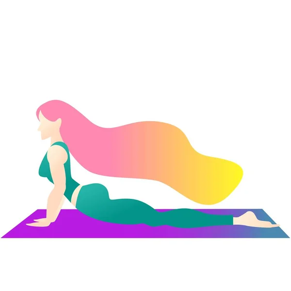 Een vrouw begon in Yoga met een Cobra pose. Bhujangasana. Kleurrijke vector illustratie platte karakter ontwerp. Indigo modekleuren. — Stockvector