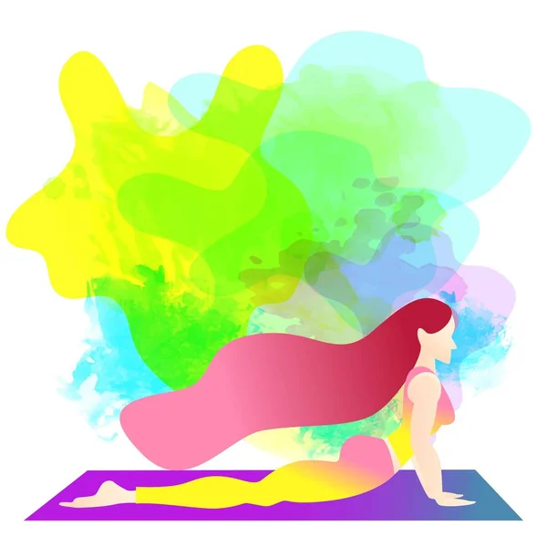 En kvinna började i yoga med en Cobra pose. Bhujangasana. Färgglada vektor illustration platt karaktär design. Indigo Mode färger. Färgglatt akvarell bakgrund. — Stock vektor