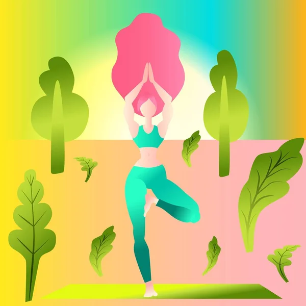 Woman long hair practice yoga tree pose. Sporty girl with long hair isolated on white yoga exercise pose. Flat character design. Indigo fashion colors. Vector illustration — 스톡 벡터