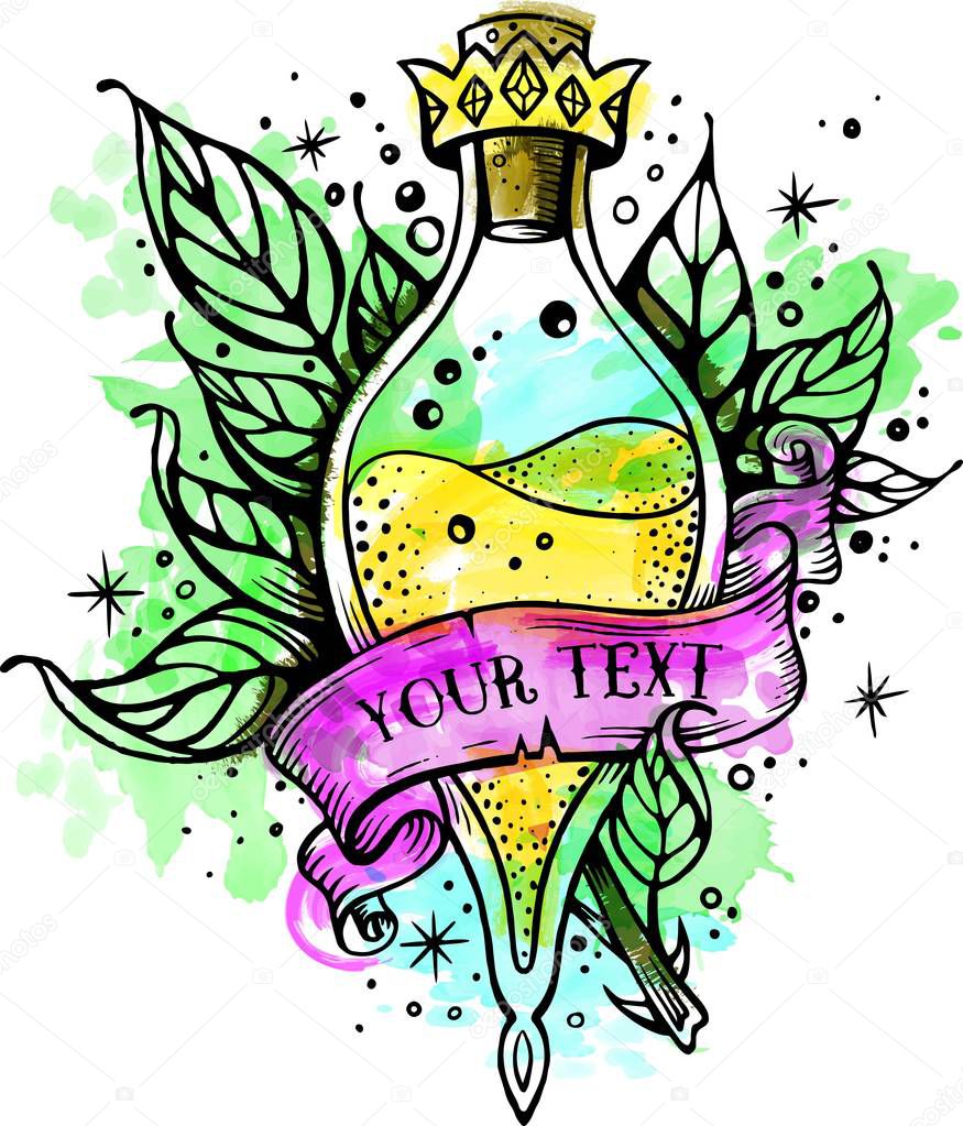 Witch and magic flask potion with crown,branches with leaves, decorative tape for your inscription.Vector illustration.Line art potion of good luck.Oldschool newschool vintage good luck tattoo sketch.