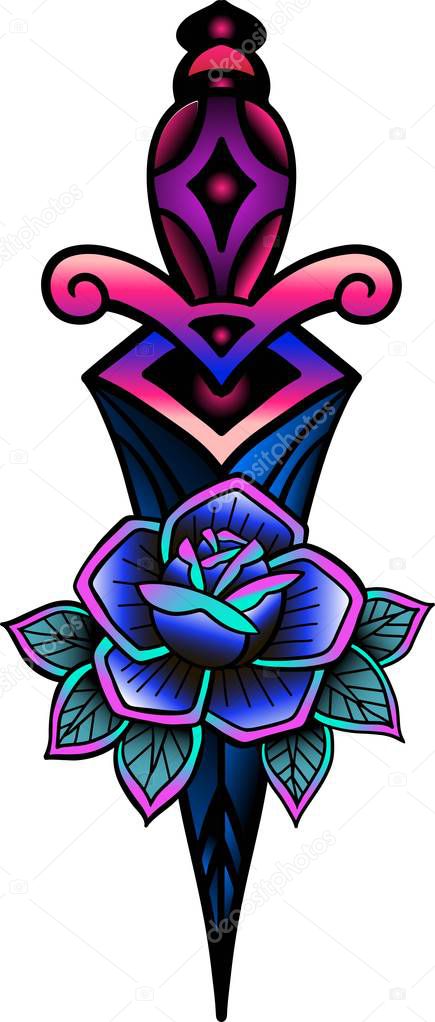 Traditional tattoo with rose flowers and dagger knife. Colorful Tattoo.Vector illustration Old school tattoo line art. Suitable for printing transfer tattoos and stickers back to school