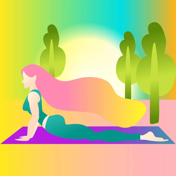 Una donna ha iniziato a fare yoga con una posa da cobra. Bhujangasana. Illustrazione vettoriale colorata Design piatto del carattere. Colori moda indaco. Colorato sfondo acquerello — Vettoriale Stock