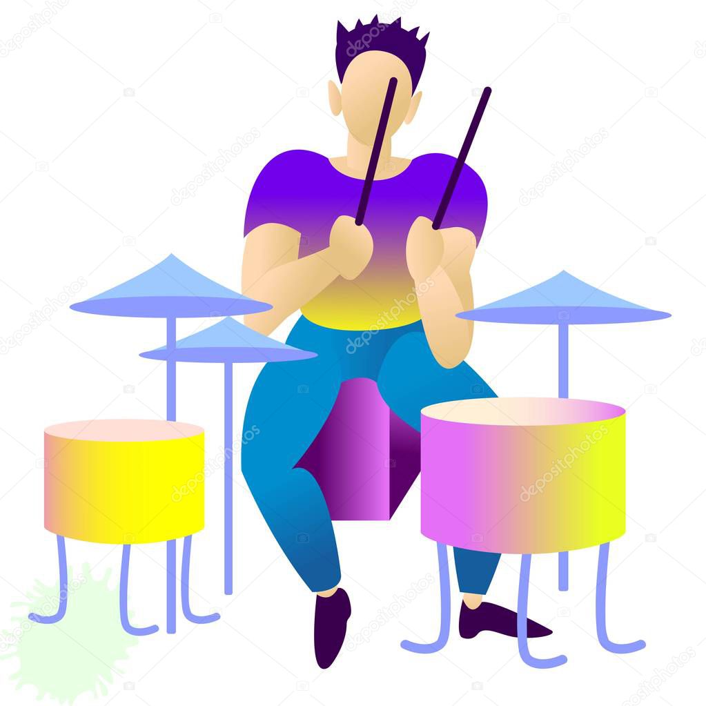 Young beautiful drummer. isolated vector illustration.rendy flat rock stars, pop, jazz, characters. Flat character cartoon illustration in colorful juicy color palette.