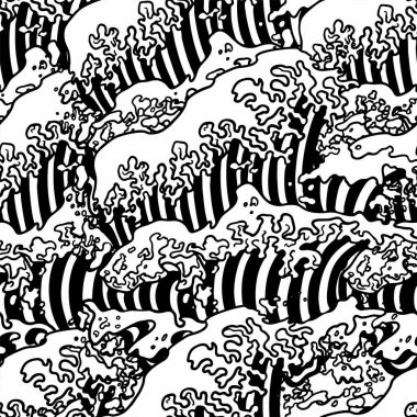 Bir vintage retro oyma ahşap tarzı Japon büyük dalga ile Vektör dikişsiz desen. Bir deniz dalgasının grafik çizimi. Gravür, dövme, çizgi sanatı. Vektör çizimi