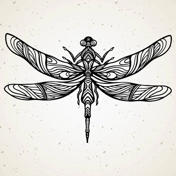 Zwarte dragonfly op witte achtergrond geïsoleerd. Handgetekende vectorillustratie. — Stockvector