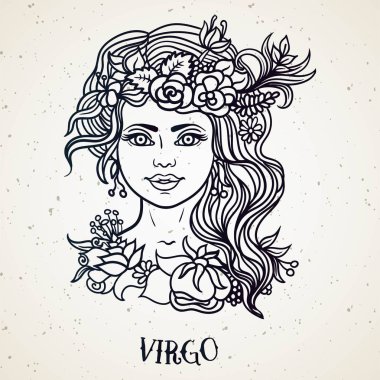 Güzel çizgi sanat filizyak . Vintage arka planda siyah tabela. Zarif mücevher dövmesi. Oyulmuş burç sembolü. Kaligrafi yazıile Doodle mistik çizim. Başak