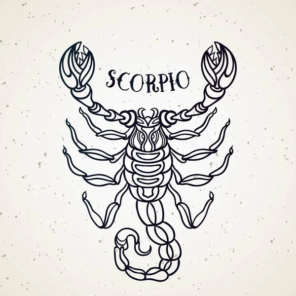Beautiful line art filigree zodiac symbol. Black sign on vintage background. Vector clipart.Elegant jewelry tattoo. Scorpio — Stock Vector