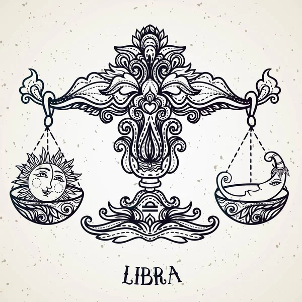 Signo del zodíaco de Libra o Escalas. Línea de ilustración vectorial de arte del símbolo del horóscopo grabado. Dibujo místico Doodle y boceto de astrología dibujado a mano con letras de caligrafía — Archivo Imágenes Vectoriales