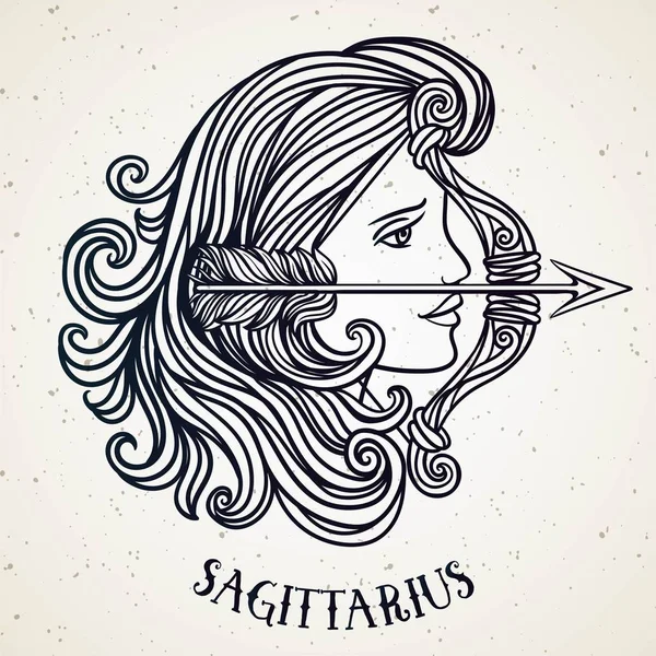 Prachtige lijn Art filigraan Zodiac symbool. Zwarte teken op vintage achtergrond. Elegante sieraden Tattoo. Gegraveerde Horoscoop symbool. Doodle Mystic tekening met kalligrafie belettering. Saggitarius — Stockvector