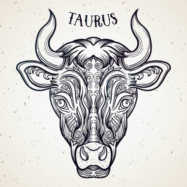 Güzel çizgi sanat telkari Zodiac. Vintage arka planda siyah işareti. Zarif mücevher dövmesi. Kazınmış burç sembolü. Hat yazısı ile mistik çizim Doodle. Toros