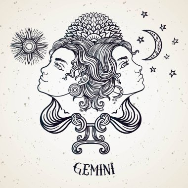 Güzel çizgi sanat telkari zodyak Vintage arka planda siyah işareti. Zarif mücevher dövmesi. Kazınmış burç sembolü. Hat yazısı ile mistik çizim Doodle. Ikizler