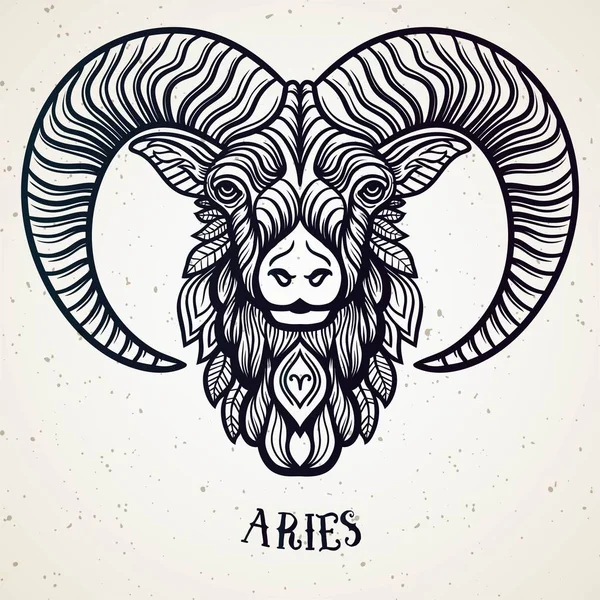 Hermosa línea de arte símbolo de filigrana. Cartel negro sobre fondo vintage. Elegante tatuaje de joyería. Signo de horóscopo grabado. Dibujo místico Doodle con letras de caligrafía. Aries — Vector de stock