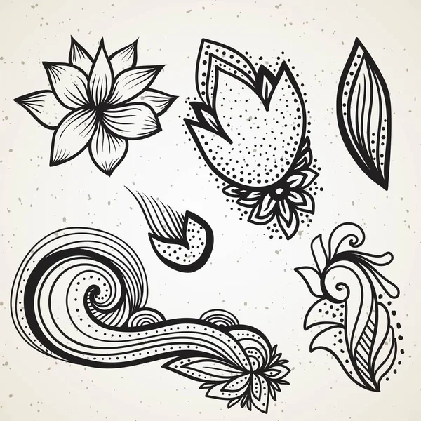 Handsketched set of beautiful mehndi design elements. Henna temporary flash tattoo. Traditional ethnic style tribal ornaments. Adult color book creative paisley doodles vector collection. — Stock Vector