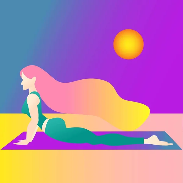 Een vrouw begon in Yoga met een Cobra pose. Bhujangasana. Kleurrijke vector illustratie platte karakter ontwerp. modekleuren. — Stockvector