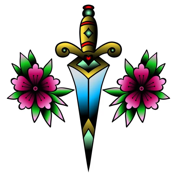 Traditionelle Tätowierung mit Rosenblüten und Dolchmesser. bunte tattoo.vector Illustration Old School Tätowierlinie Kunst. zum Drucken von Transfertätowierungen und Aufklebern geeignet — Stockvektor