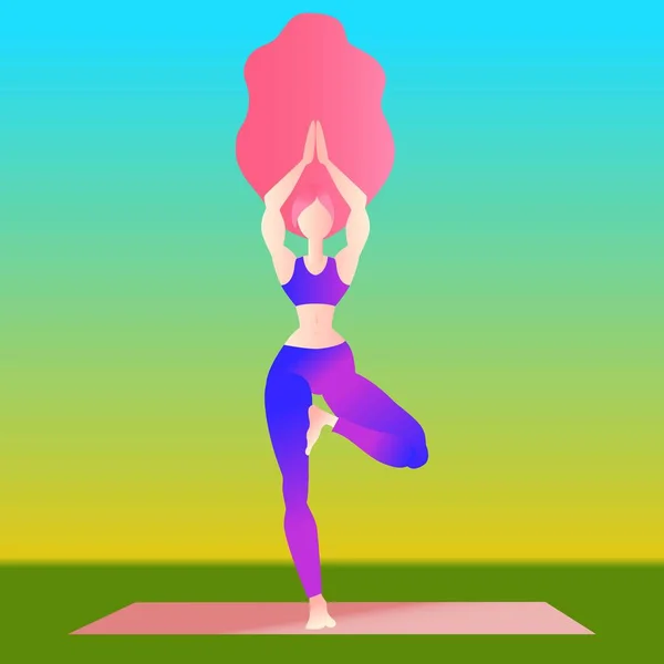 Vrouw lang haar oefent yoga boom pose. meisje met lang haar geïsoleerd op witte yoga oefening pose. Plat karakter ontwerp. Indigo mode kleuren. Vectorillustratie — Stockvector