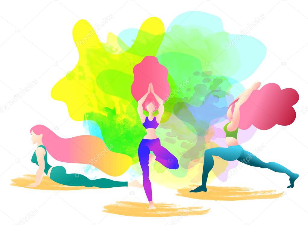 A woman started in yoga with a cobra pose. Bhujangasana. Colorful vector illustration Flat character design. Indigo fashion colors.Colorful watercolor background.